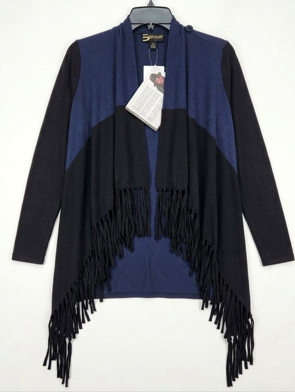 NWT XS Serena Williams Navy and Black Fringe Open-Front lightweight Stretch Poly